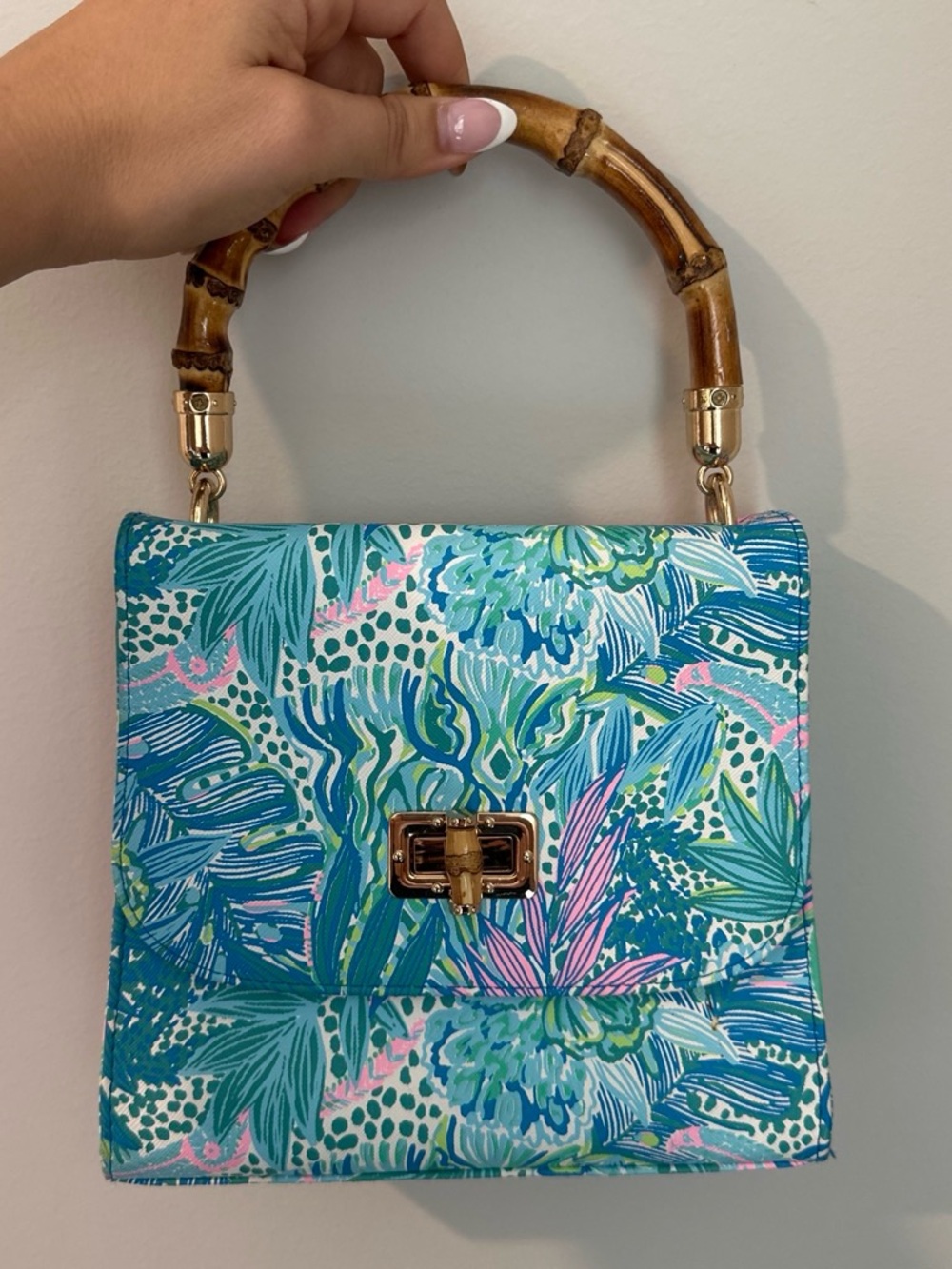 Lilly Pulitzer Teal, Blue & Pink Bamboo-Handle Mini Top-Handle Bag